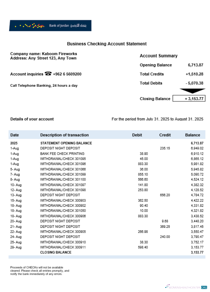 Download Bank of Jordan firm account statement Word and PDF template Photoshop template